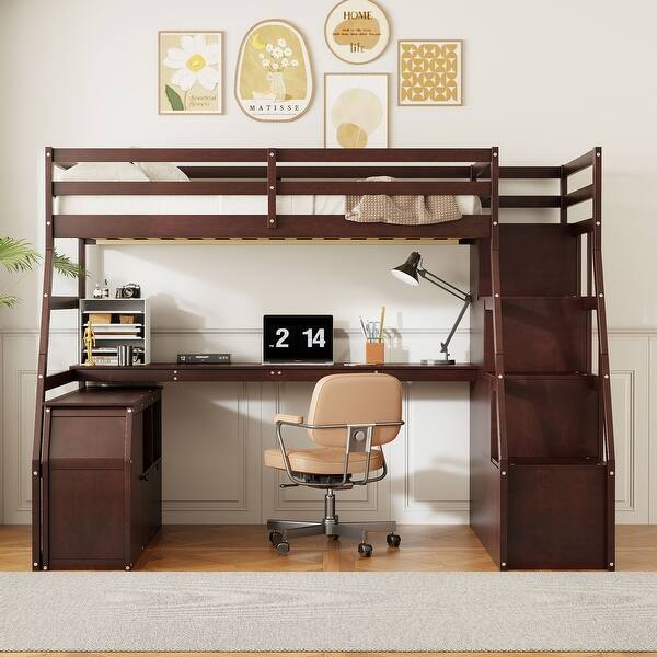 slide 2 of 16, Full Size Loft Bed Kids Bed with Drawers ,Shelves and Desk Espresso