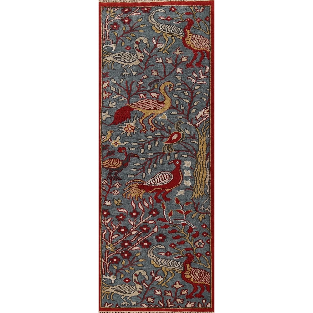 Animals Design Ziegler Indian Runner Rug Handmade Blue Wool Carpet - 2'6"x 7'11"