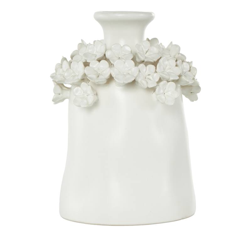 Ceramic Floral Round Vase with Narrow Opening - White - Roche River Decor