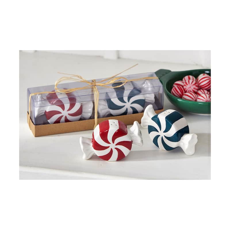 Peppermint Twist Salt and Pepper Shakers Set of 2 - Christmas Multicolor Ceramic Hand Wash Only 2.48" H x 3.66" L