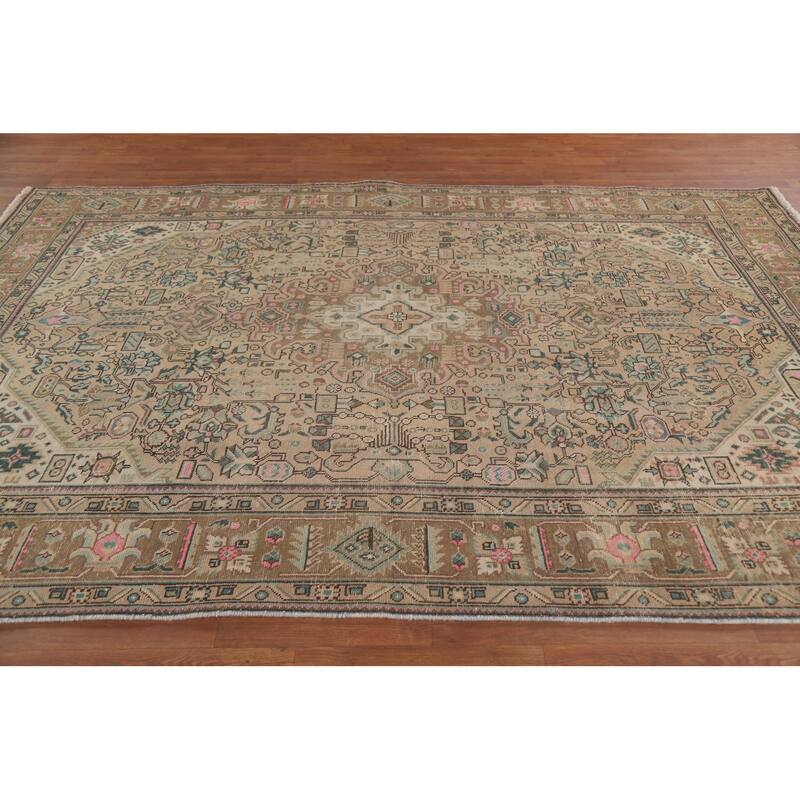 Hand Knotted Oriental 100% Wool Carpet Traditional Medallion Peach Tabriz Area Rug - 9' 7'' X 6' 7''