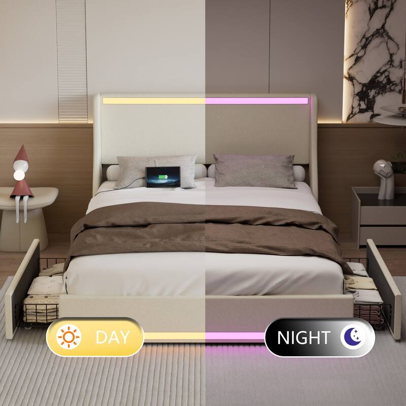 VECELO Modern LED Upholstered Platform Bed Frame with 2 Storage Drawers, USB & Type-C Ports, Full/Queen Size Bed