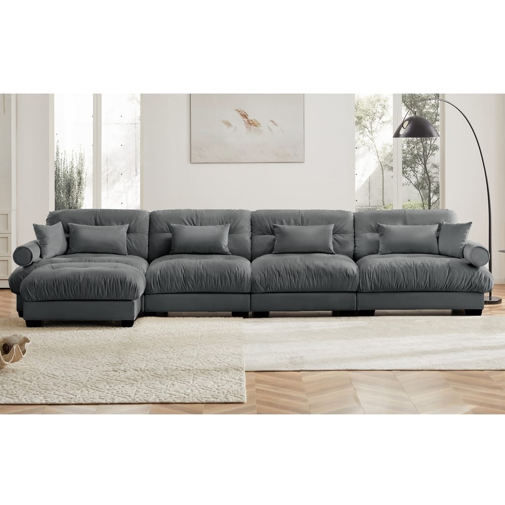 L-shaped Convertible Velvet Sectional Cloud Sofa with Ottoman & Pillows