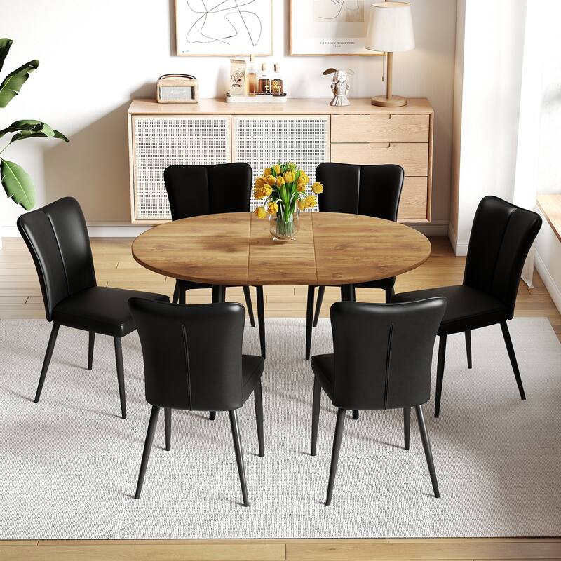 Extendable Dining Table Coffee Table with Metal Legs, Rustic Table & Chairs Set with Upholstered Chairs - Black Wood