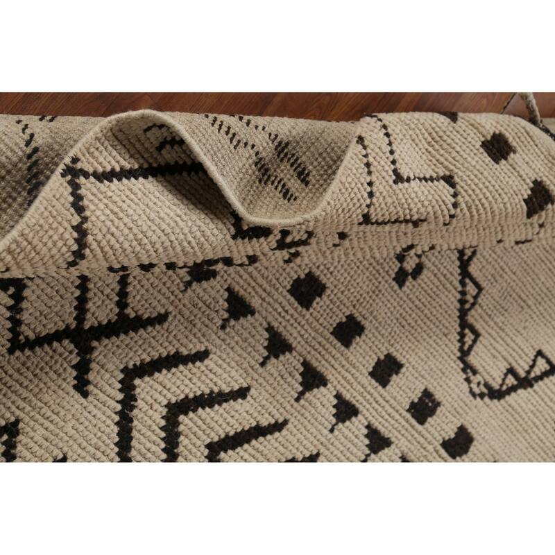 Geometric Beige / Ivory Moroccan Area Rug Hand-Knotted Wool Carpet - 6'9"x 10'11"