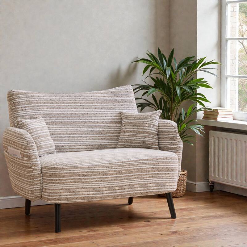 Modern Boucle 2-Seater Sofa with Storage Pockets, Deep-Seated Small Couch with Armrest Pillows for Apartments