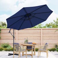 bonosuki 10ft patio umbrella Hanging Outdoor W/ Cross Base Center Inc coated steel pole and ribs Flexible crank and buckle for easy operation and angle adjustment Vent on top for cool air circulation Velcro for easy storage when not in use Dimensions Bonosuki 11Ft LED Double Top