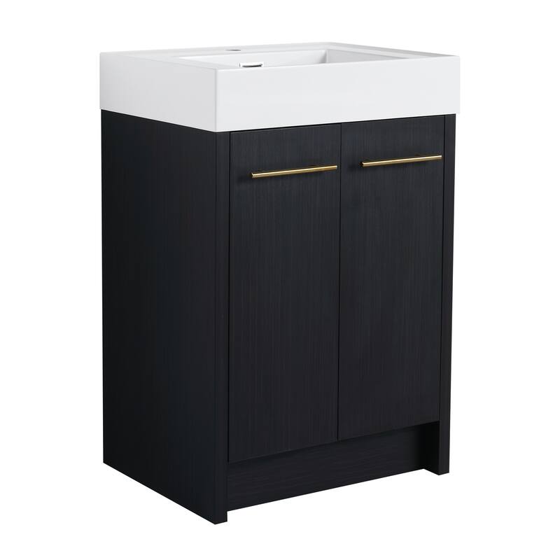 24" Bathroom Vanity with Resin Sink, Soft Close Hinges, Adjustable Storage, Black Chestnut Color, Freestanding Cabinet