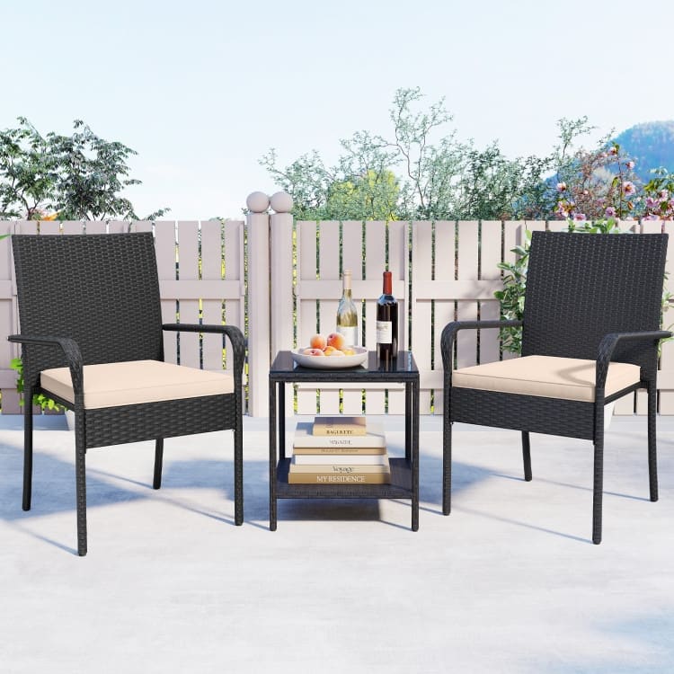 3 Piece Black PE Rattan Patio Set with Metal Frame, Cushions and Glass Table - Chair: 23" x 22.5" x 35"