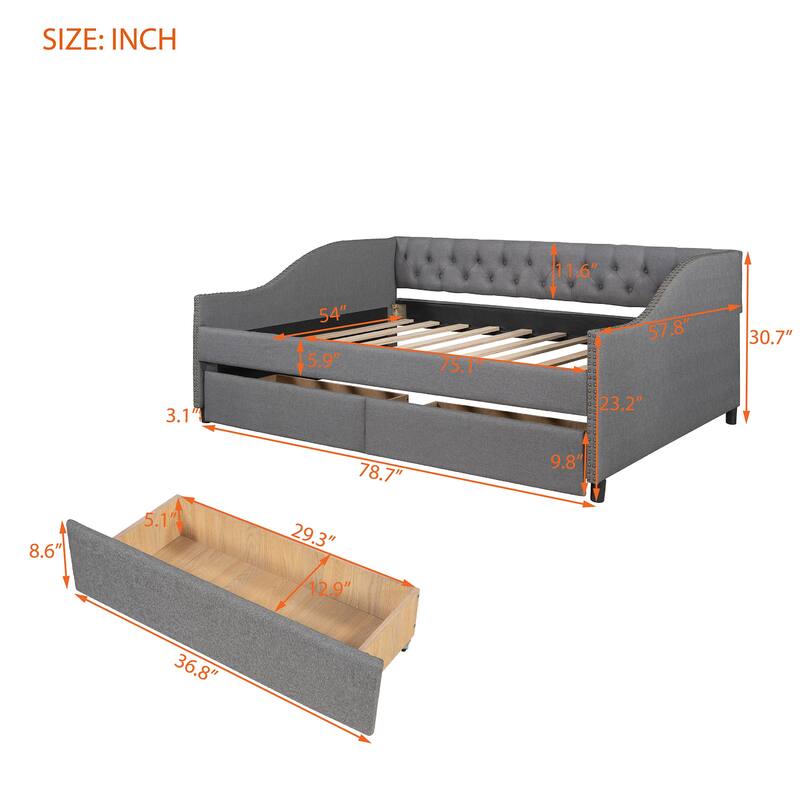 Upholstered daybed with Two Drawers, Wood Slat Support