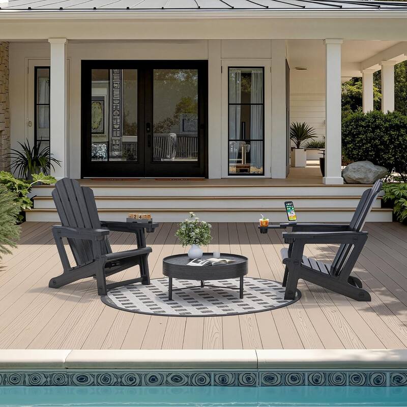 PURPLE LEAF All-Weather HDPE Adirondack Chair - Oversized Seat, Dual Cup Holders for Patio/Garden/Deck/Backyard - Black（2pc）