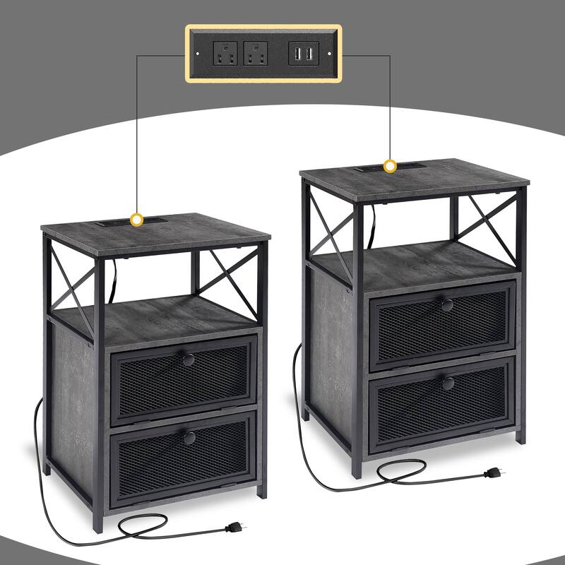 VECELO Modern End Table with 3-tier Storage Shelves, Nightstands with Charging Station(Nightstand Set of 2)