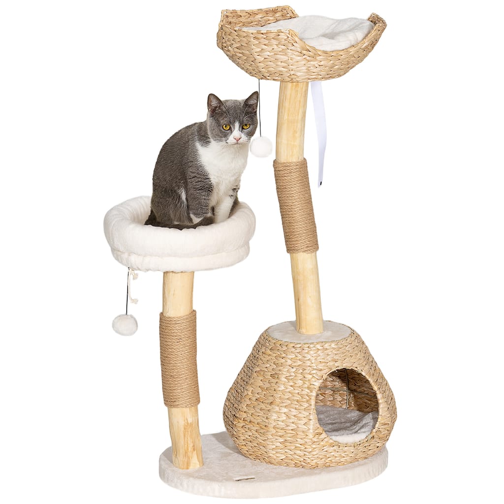PawHut Cat Tree for Indoor Cats, 41" Wooden Cat Tower with 2 Real Branch Cat Scratching Posts, Luxury Cat Condo, Cream White