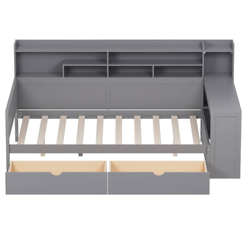 Full Size Wooden Daybed Platform Bed with Recessed Desk Storage Shelves and 2 Drawers Under Bed for Compact Spaces, Bedroom