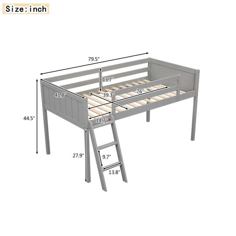 Twin Size Low Loft Bed with Convertible Ladder, Gray