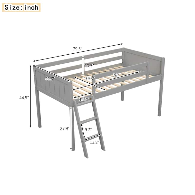 Twin Size Wood Low Loft Bed with Ladder - Left/Right Adjustable Placement, Sturdy Kids Design