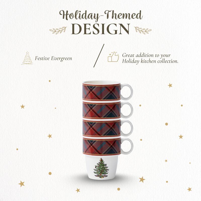 Spode Set of 4 Christmas Tree Tartan Stackable Mugs