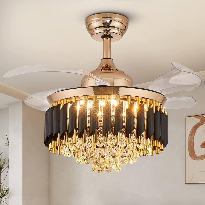 Modern Gold Black Retractable Crystal Ceiling Fan With Lights, Dimmable LED Luxury Chandelier Ceiling Fan With Remote Control