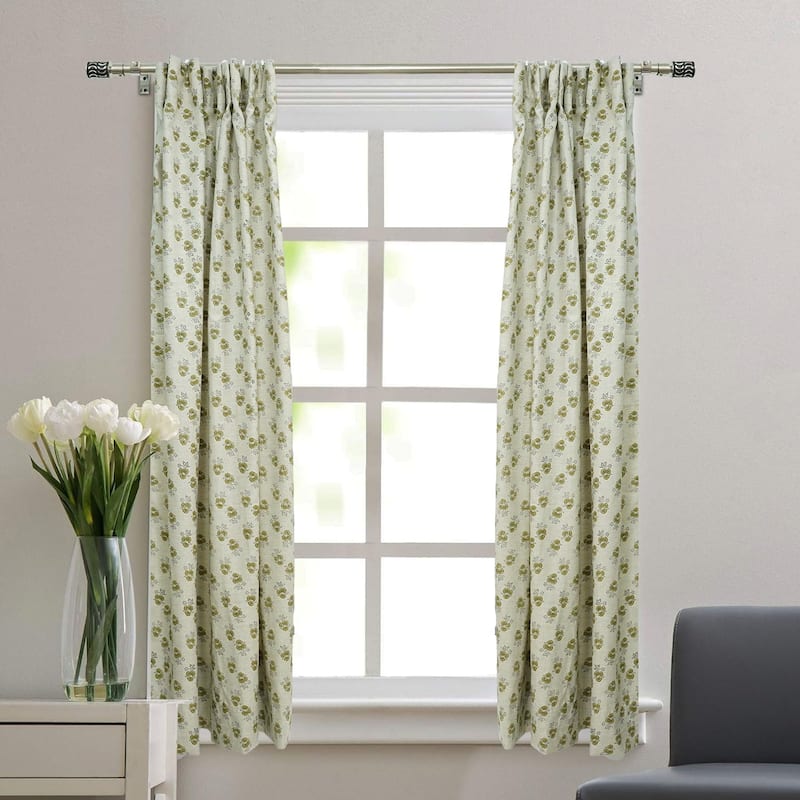 Fabdivine Handmade Floral Block Print Window or Door Room Décor Viscose Linen Curtain - 54"X57" - Chitranjan- Light Green, Black