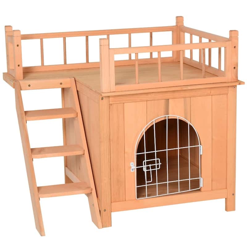 2-Level Wooden Cat House Outdoor With Lockable Wire Door - 28.75" L x 20.5" W x 25.75" H