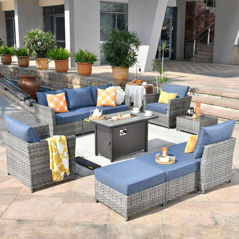 HOOOWOOO 10-piece Wicker Patio Furniture Sectional Set with Steel Fire Pit Table - Denim Blue