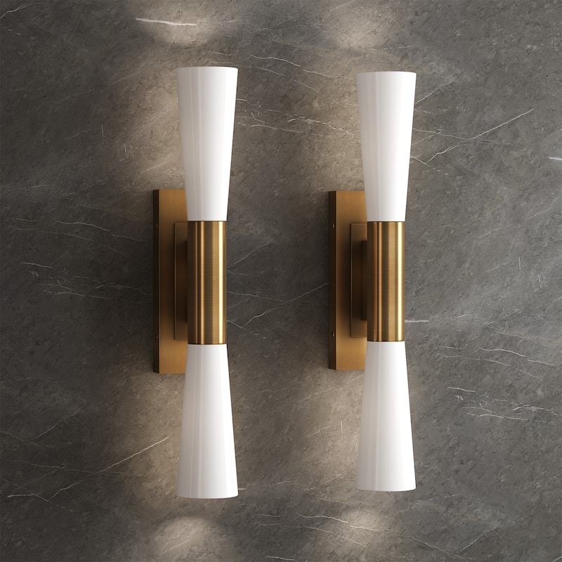 21.7-Inch Modern Gold Wall Sconce with Acid-etched Glass Shades, Up and Down Lighting - 4.3'' W × 5.5'' D × 21.7'' H