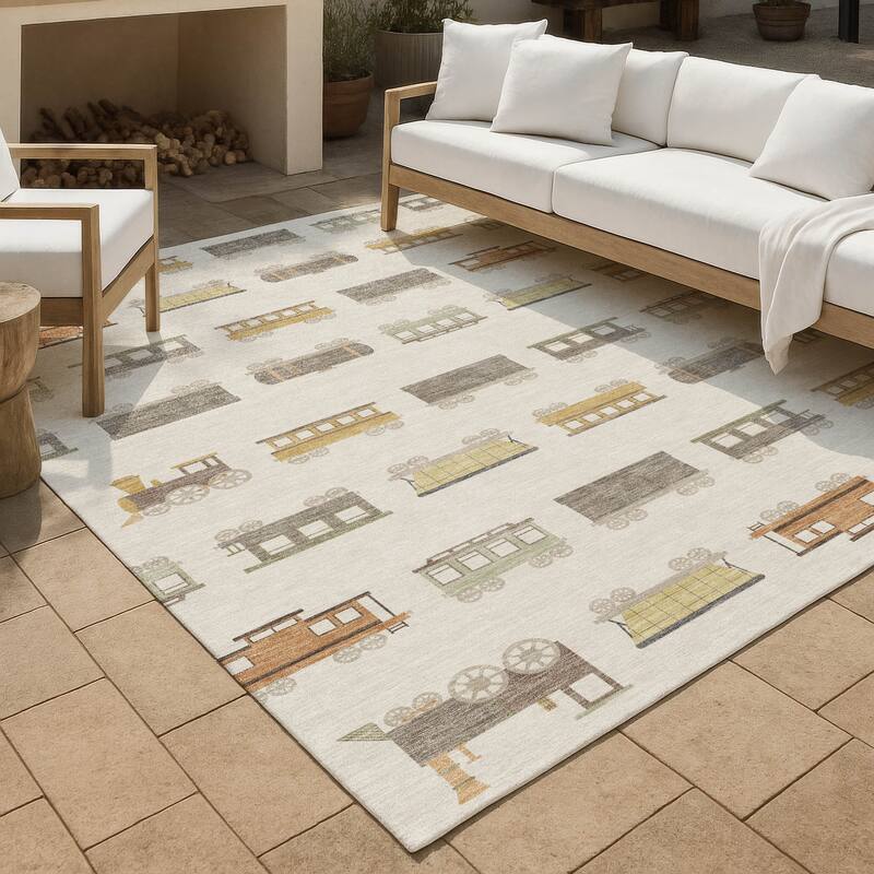 Machine Washable Indoor/ Outdoor Modern Train Chantille Rug - Ivory - 8' x 10'