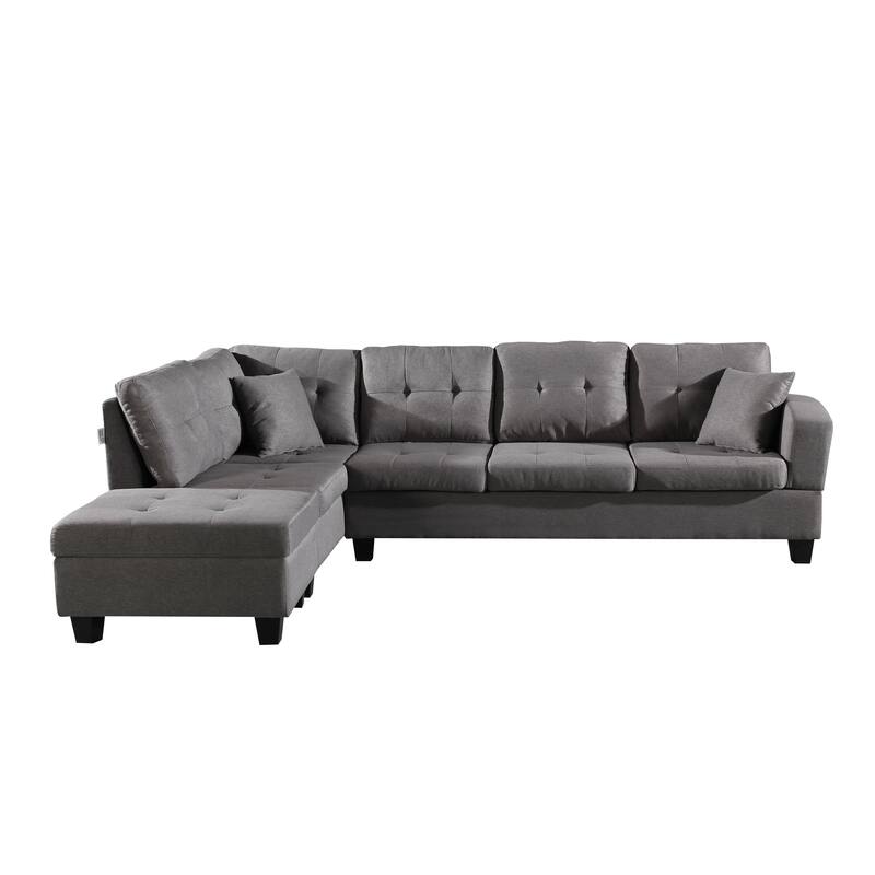Grey 104.72'' L-Shaped 6-Seat Sectional Sofa with Storage Ottoman and Cup Holder, Includes Removable Cushions and Pillows