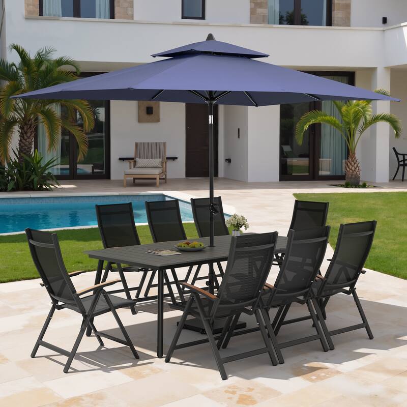 11PC Outdoor Patio Dining Set Aluminum Table with Folding Armchairs w/ Premium Market Umbrella Sets - GreyTable&BlackChairs&NavyBlueUmbrella
