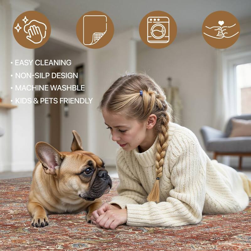 Mcow Vintage Floral Low-Pile Machine Washable Non-Slip Area Rug