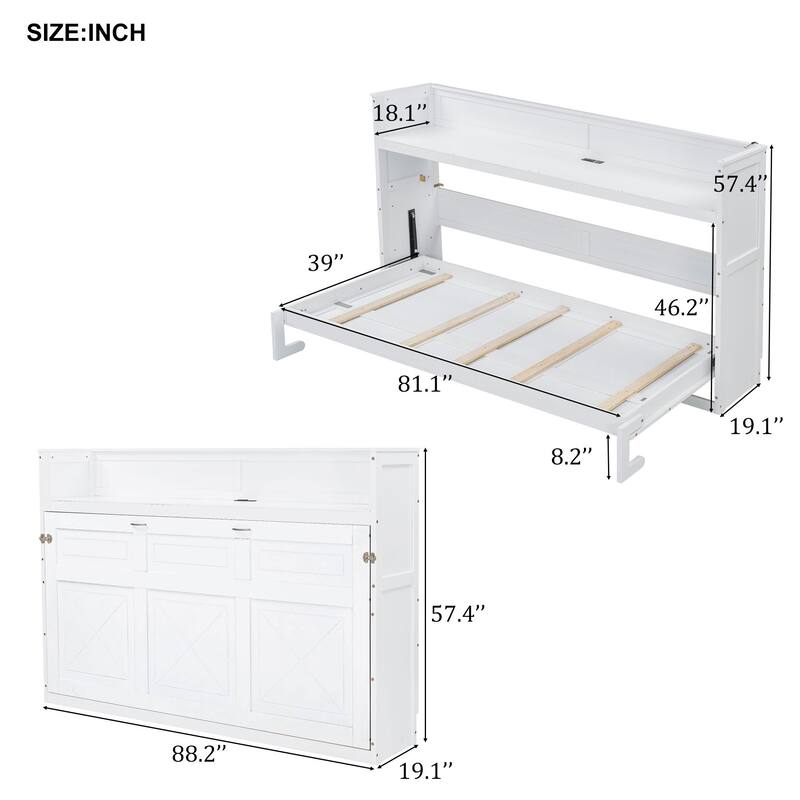 Twin XL Foldable Murphy Bed with Built-in Desk, USB Ports and LED Lighting, Pine Wood Frame, No Box Spring