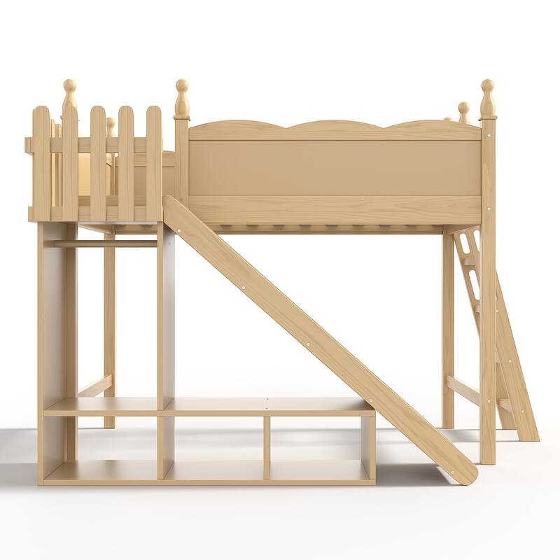 Twin Loft Bed with Storage Shelves and Wardrobe, Solid Wood Loft Beds with Detachable Slide and Ladders, No Spring Box Needed