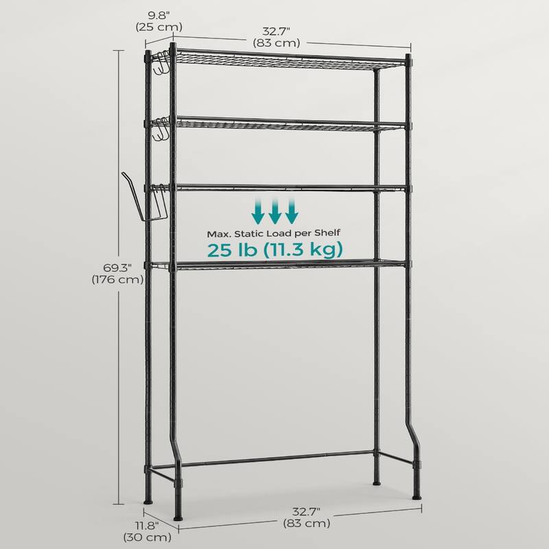 4-Tier Freestanding Metal Over-the-Toilet Storage Rack with 4 Adjustable Shelves and 4 Convenient Hoooks