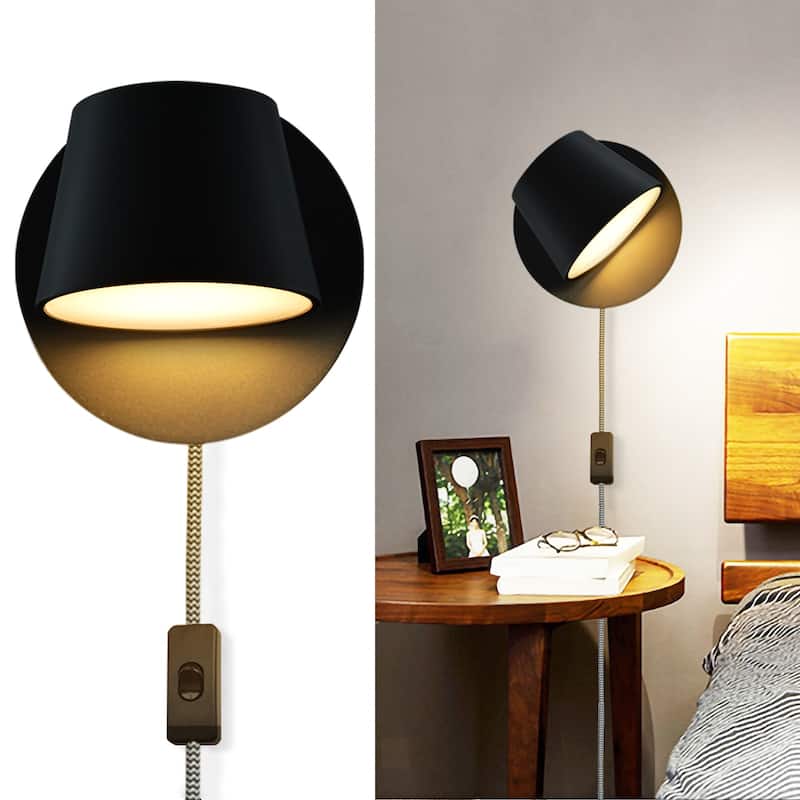 Modern Wall Lamp Plug in Cord Round Rotatable Black /White Wall Sconce LED Lighting Mounted Fixture for Bedroom Living Room - Black
