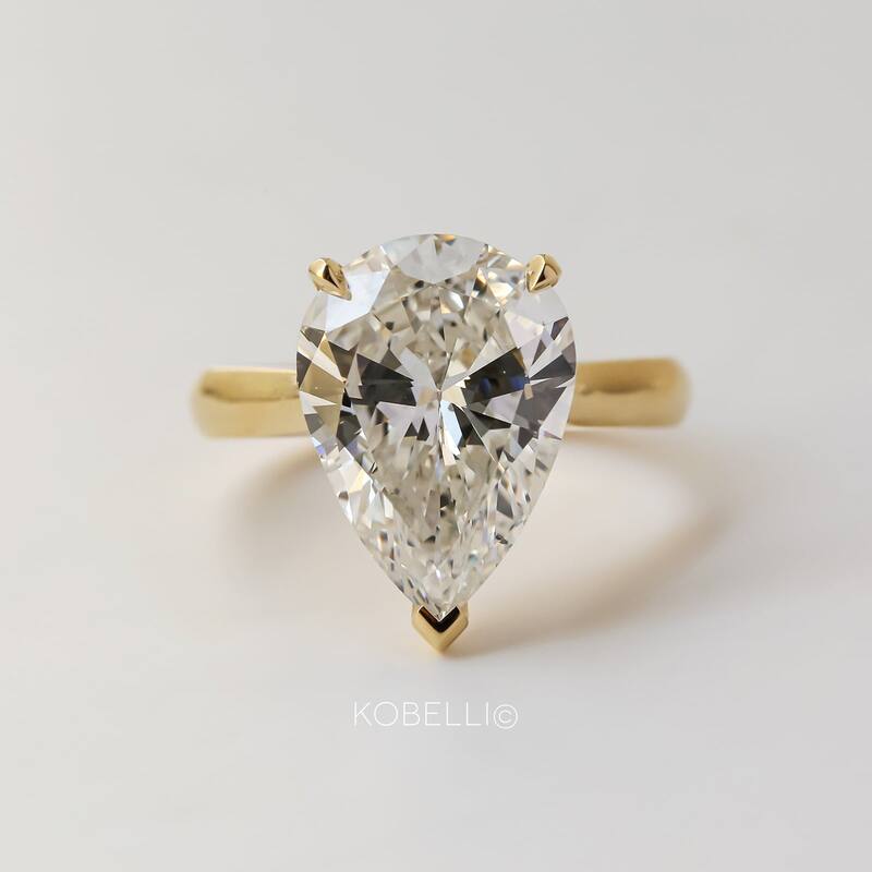Kobelli 5.84 Carat Natural Diamond GIA Certified 14k Yellow Gold Pear Solitaire Cathedral One-of-a-Kind Ritz Engagement Ring