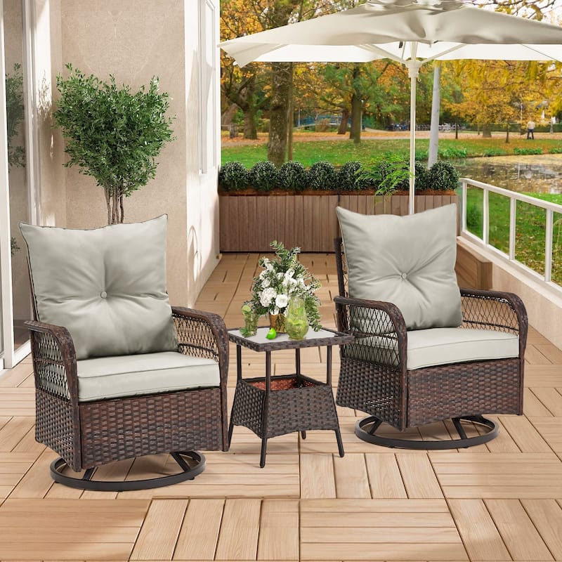 3-Piece Outdoor Rocking/Swivel Chair Set - PE Rattan Patio Furniture with Cushions & Coffee Table, Rocker Chairs for Backyard