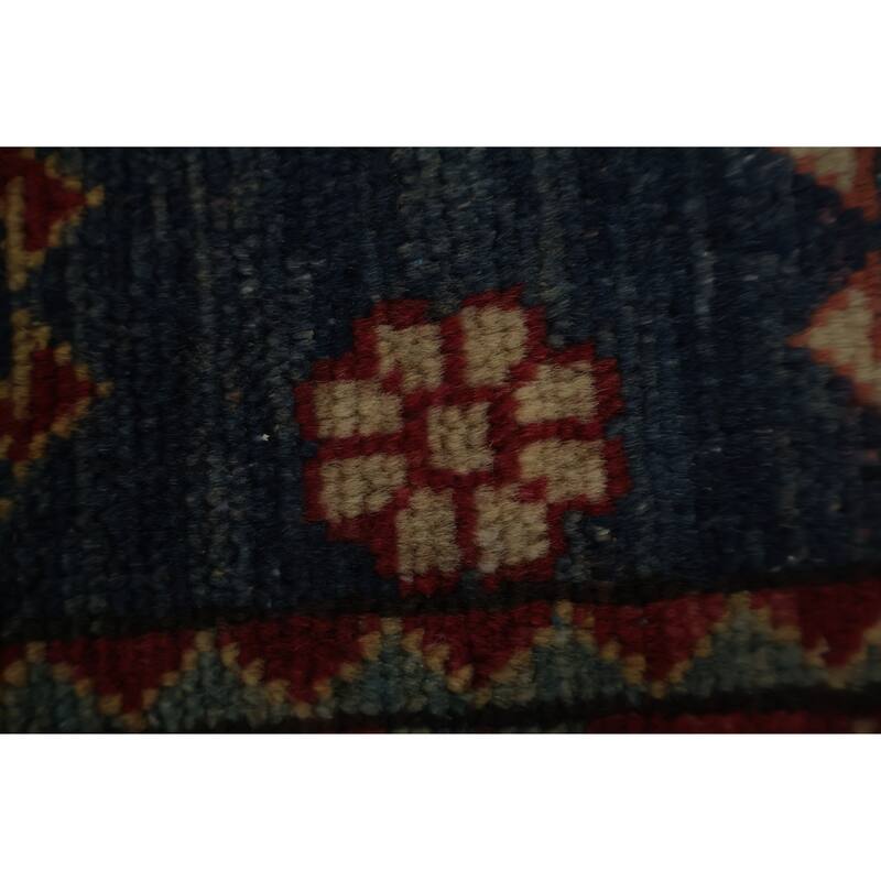 Hand Knotted Oriental 100% Wool Carpet Traditional Geometric Navy Blue & Blues Kazak Area Rug - 3' 1'' X 2' 1''
