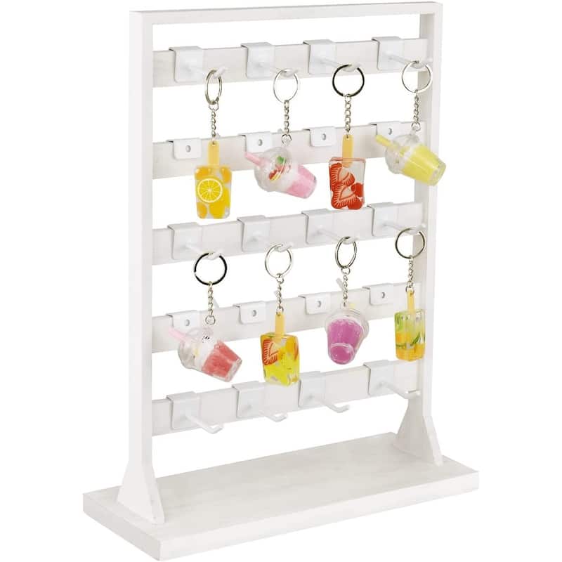 Wooden Jewelry Display Rack with 20 White Hooks - White
