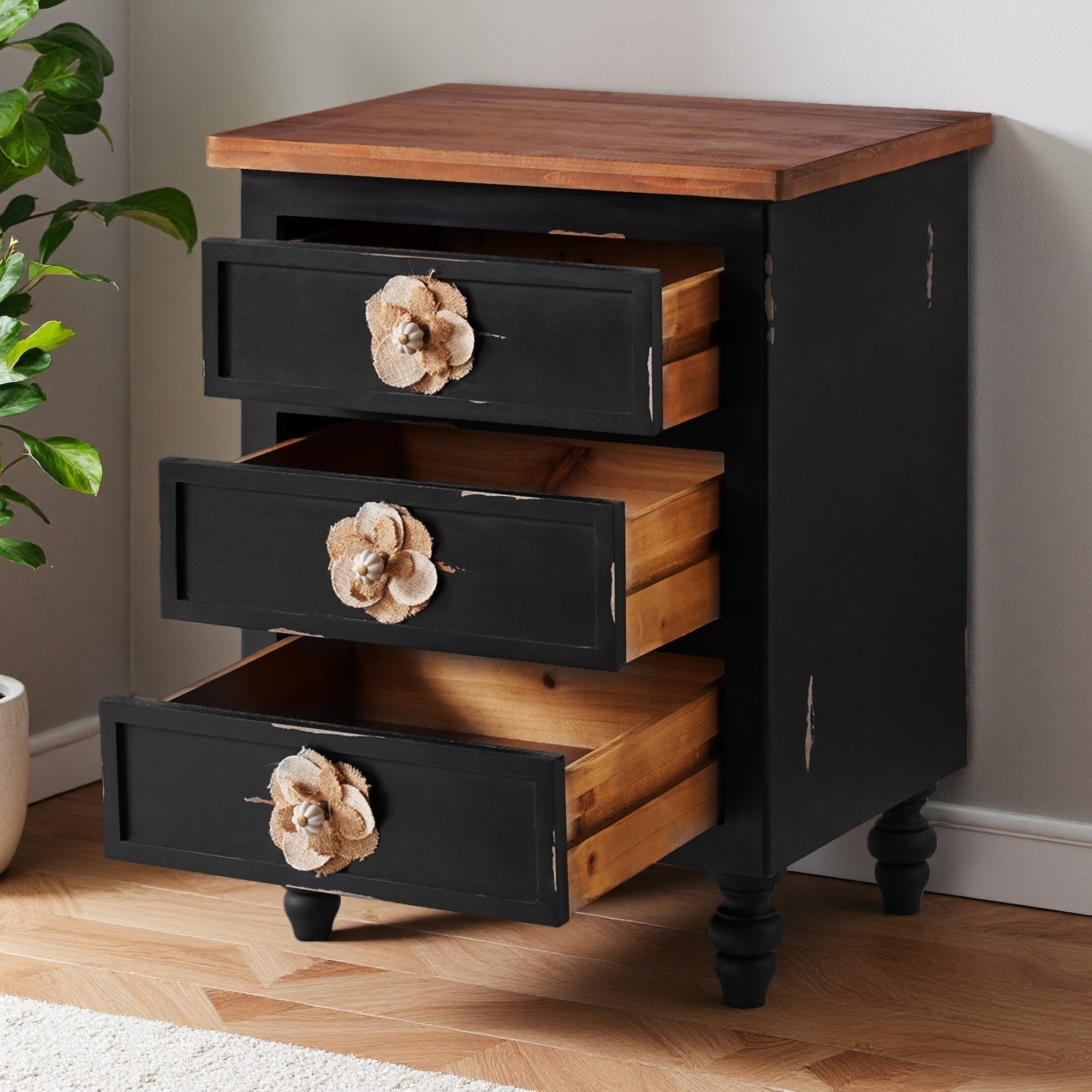 18.9"L Vintage Farmhouse End Table with 3 Drawers & Floral Knobs, Nightstand with Gourd Legs, Bedside or Sofa Accent Table