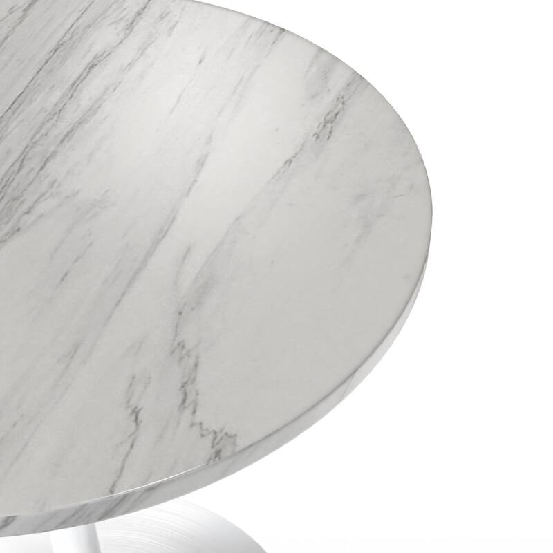 LeisureMod Verve 48" Round Sintered Stone Dining Table - Luxury Marble-Finish Top & White Steel Pedestal Base