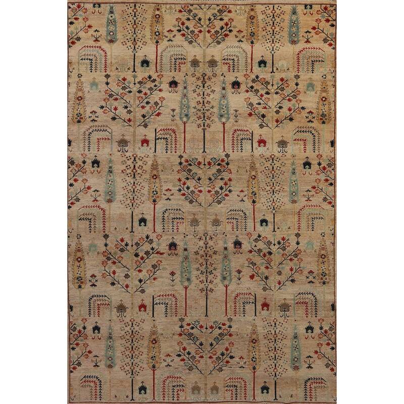 Hand Knotted Oriental 100% Wool Carpet Traditional All-Over Multi-Colored Ziegler Area Rug - 9' 8'' X 6' 3''