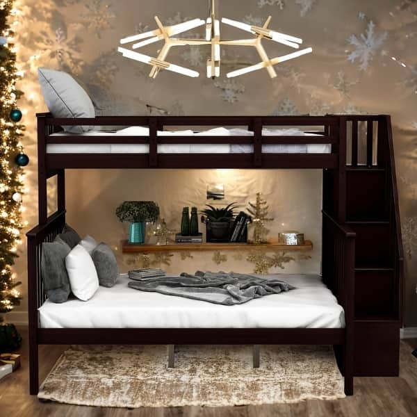 slide 2 of 15, Stairway Design Twin-over-Full Bunk Bed with Storage and Guard Rail for Bedroom Espresso