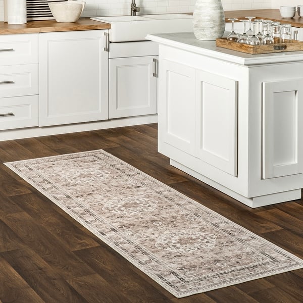 slide 2 of 9, Nuloom Delisa Vintage Stain-Resistant Machine Washable Area Rug 2'6" x 12' - Stone - Runner