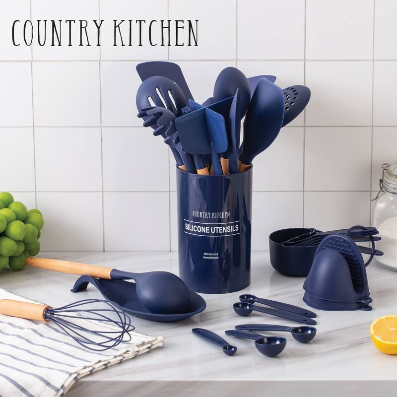 Country Kitchen Non Stick Silicone Utensil Set with Rounded Wood Handles for Cooking and Baking, 38 Piece Set