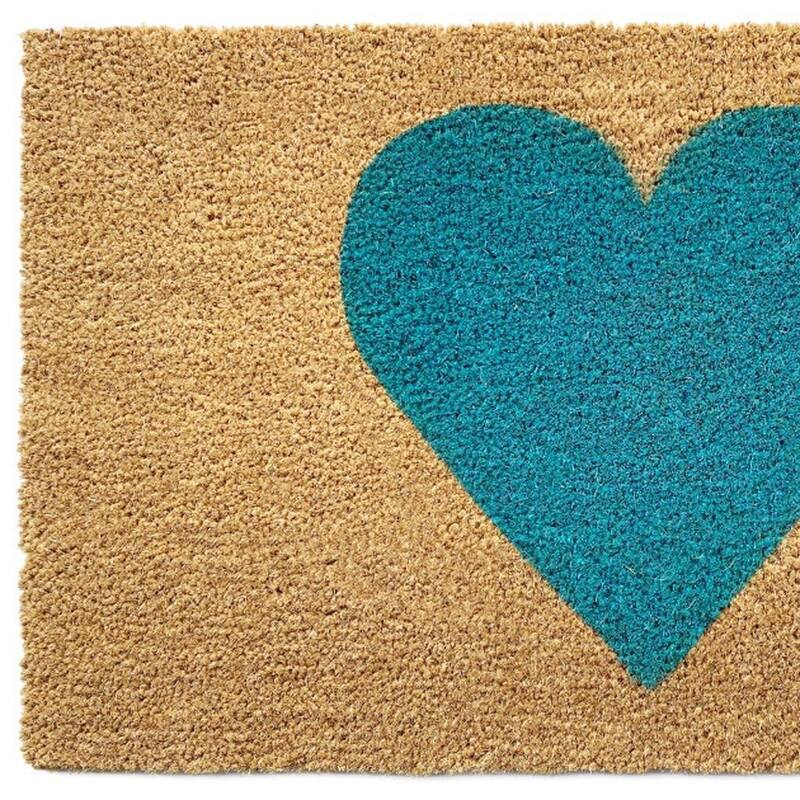 HomeRoots 17" X 29" Brown And Turquoise Heart Outdoor Coir Door Mat - 17.00' X '29.00