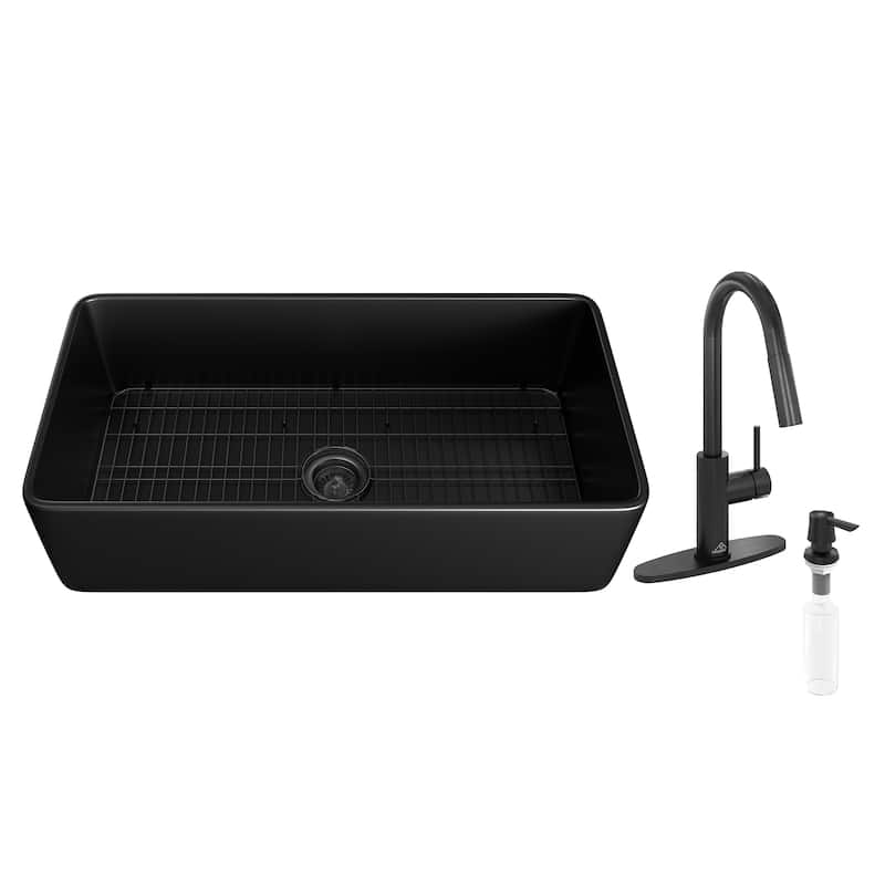 All-in-One Kit Farmhouse/Apron-Front Single Bowl Fireclay Kitchen Sink with Pull Down Sprayer Kitchen Faucet and Accessories