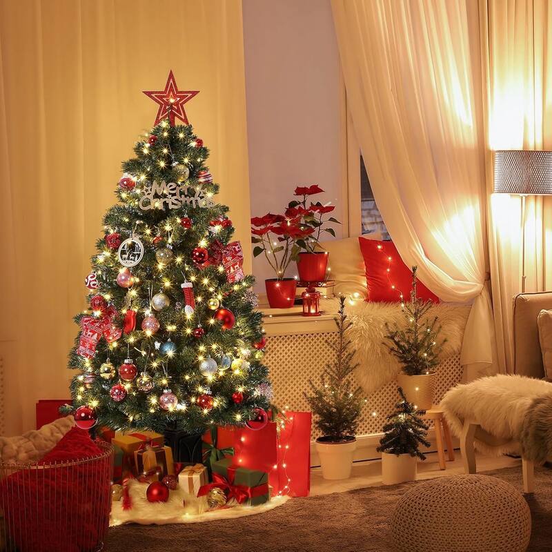 4.5 Ft Artificial Christmas Tree with 200 Warm White LED Lights and Red Berries Potted Base Holiday Xmas Tree