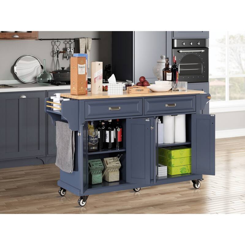 Kitchen Island with Rubber wood Countertop, Kitchen Cart on 5 Wheels with Storage Cabinet and 2 Top Drawers