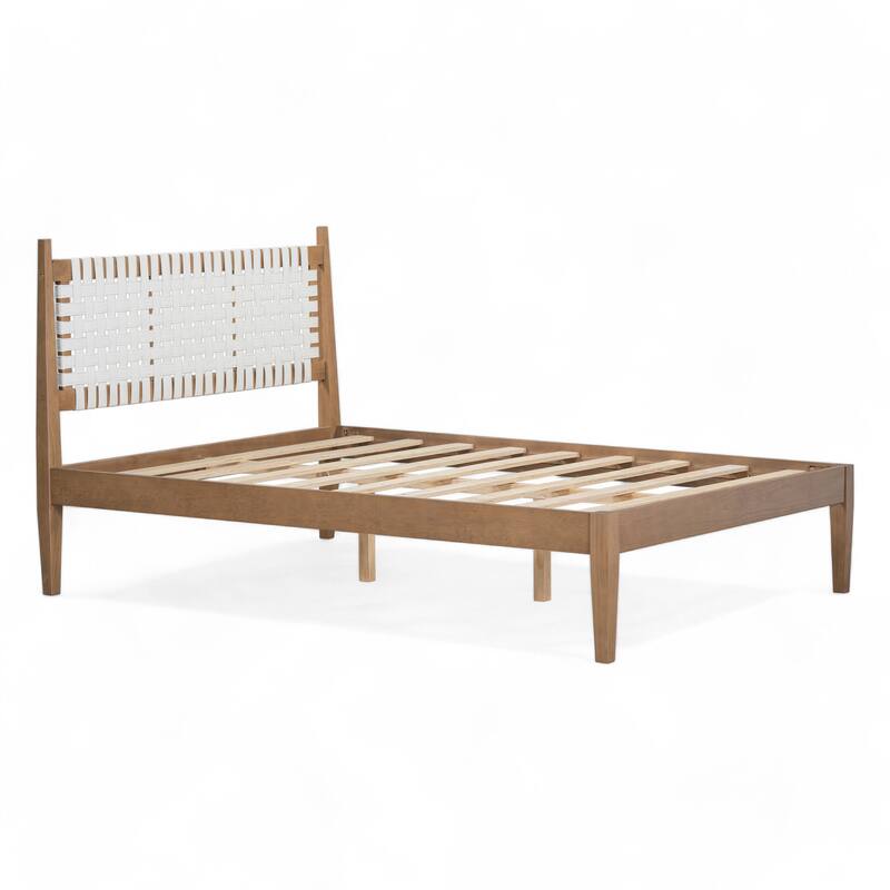 Queen Platform Bed with Woven White Leather Headboard and Natural Wood Frame