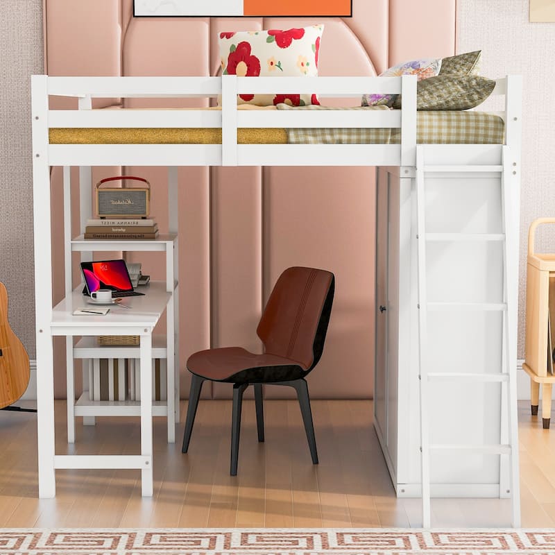 Loft Bed with Wardrobe and Desk and Shelves - White - Full